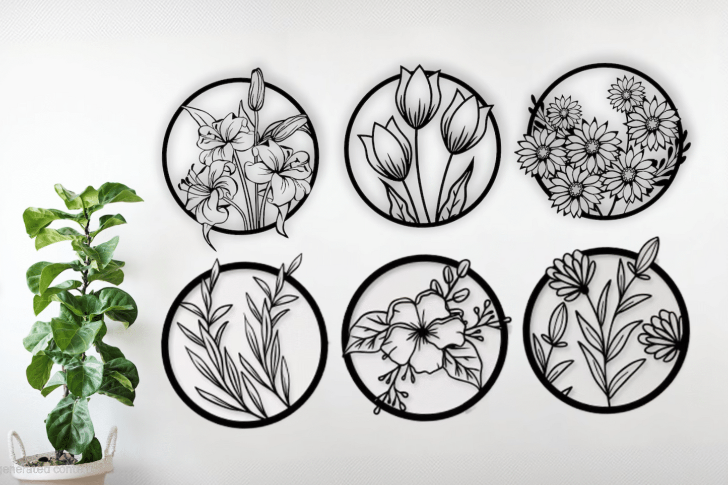 Sett med 6 veggdekorasjoner – Blomster i tre