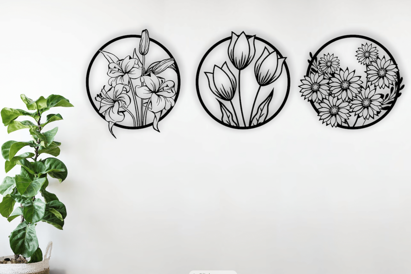 Sett med 6 veggdekorasjoner – Blomster i tre