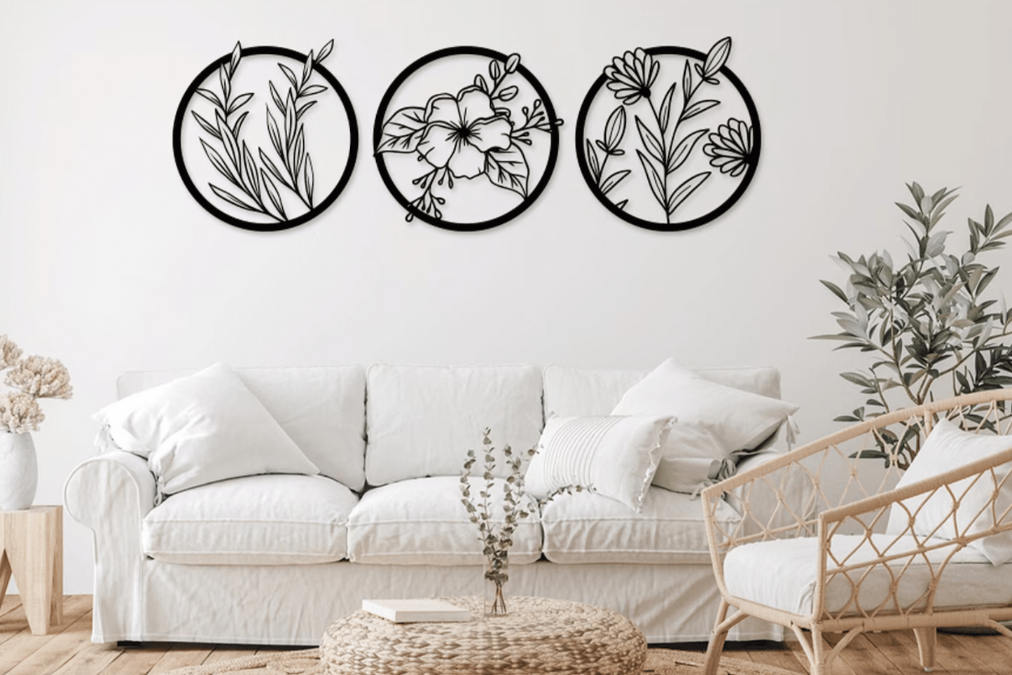 Sett med 6 veggdekorasjoner – Blomster i tre