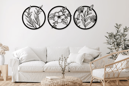 Sett med 6 veggdekorasjoner – Blomster i tre